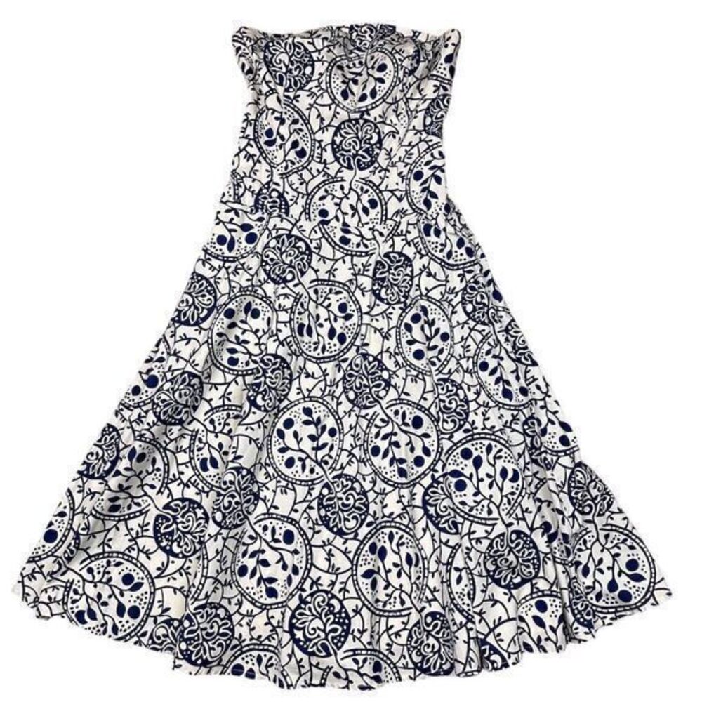Tabitha Women's Strapless Knee Length Dress Size‎ 2 Blue Floral Summer Linen